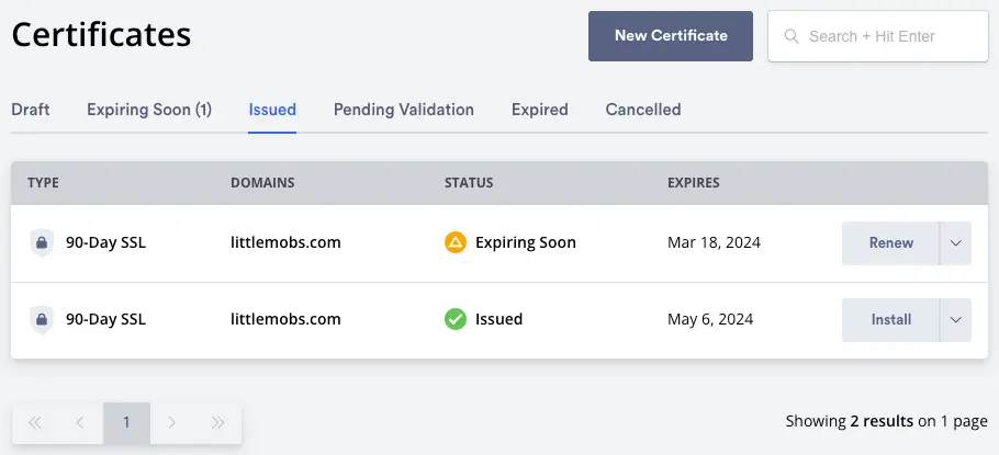 zerossl certificates page