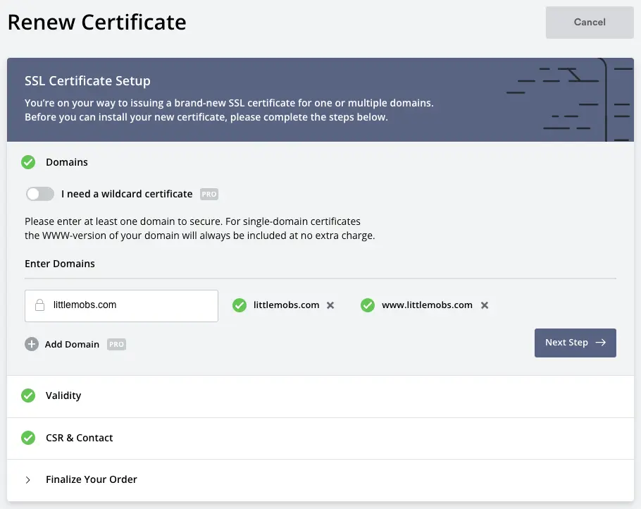 zerossl domain settings