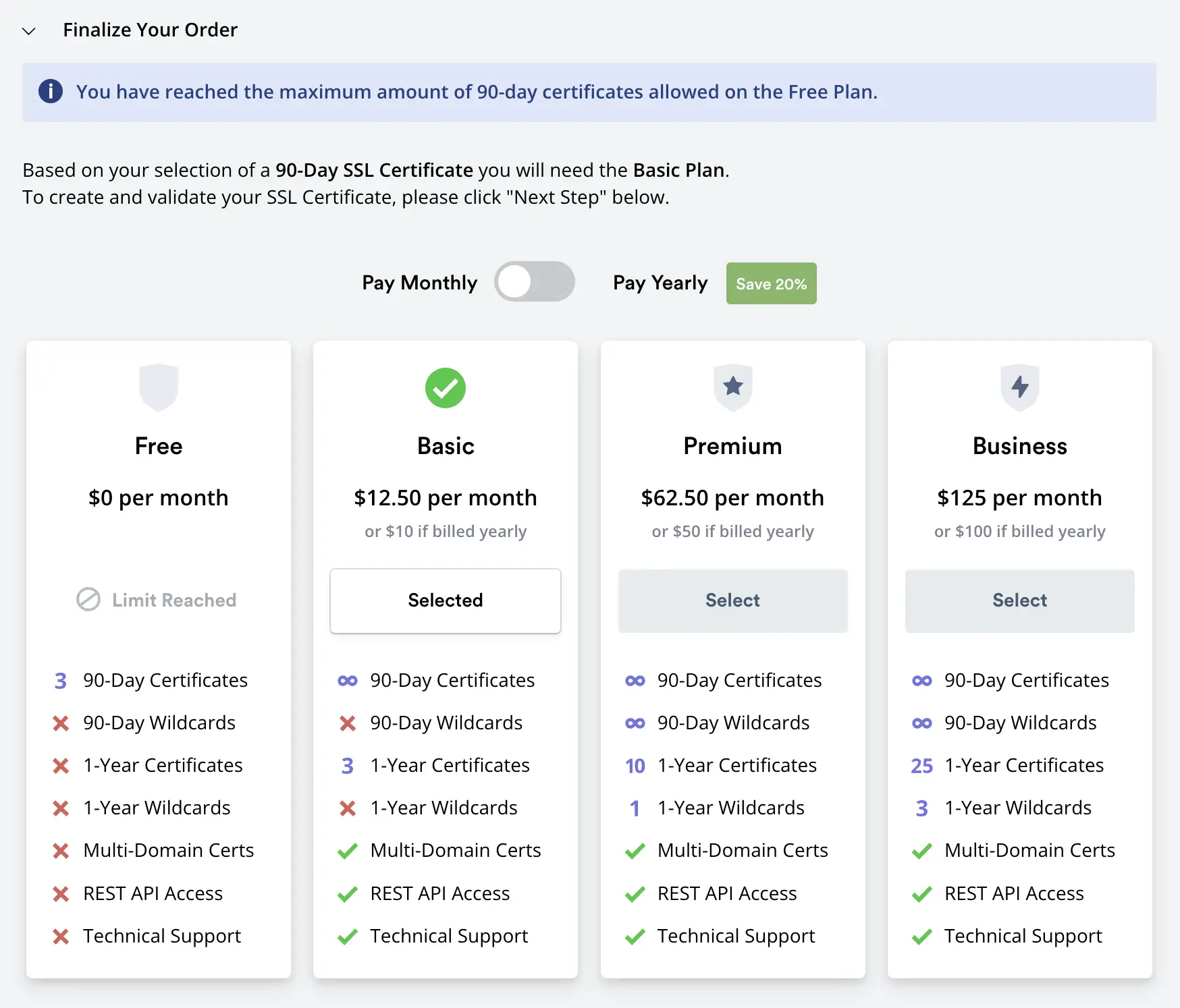 zerossl unavailable free plan