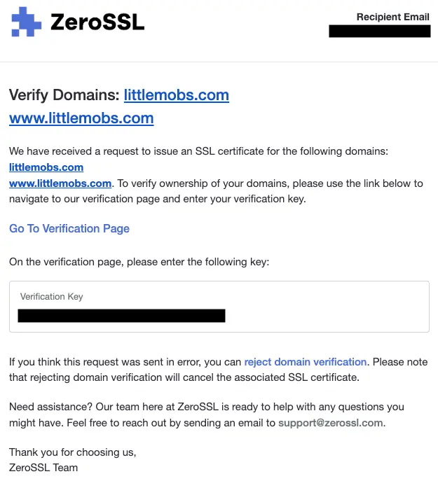 zerossl verification email content